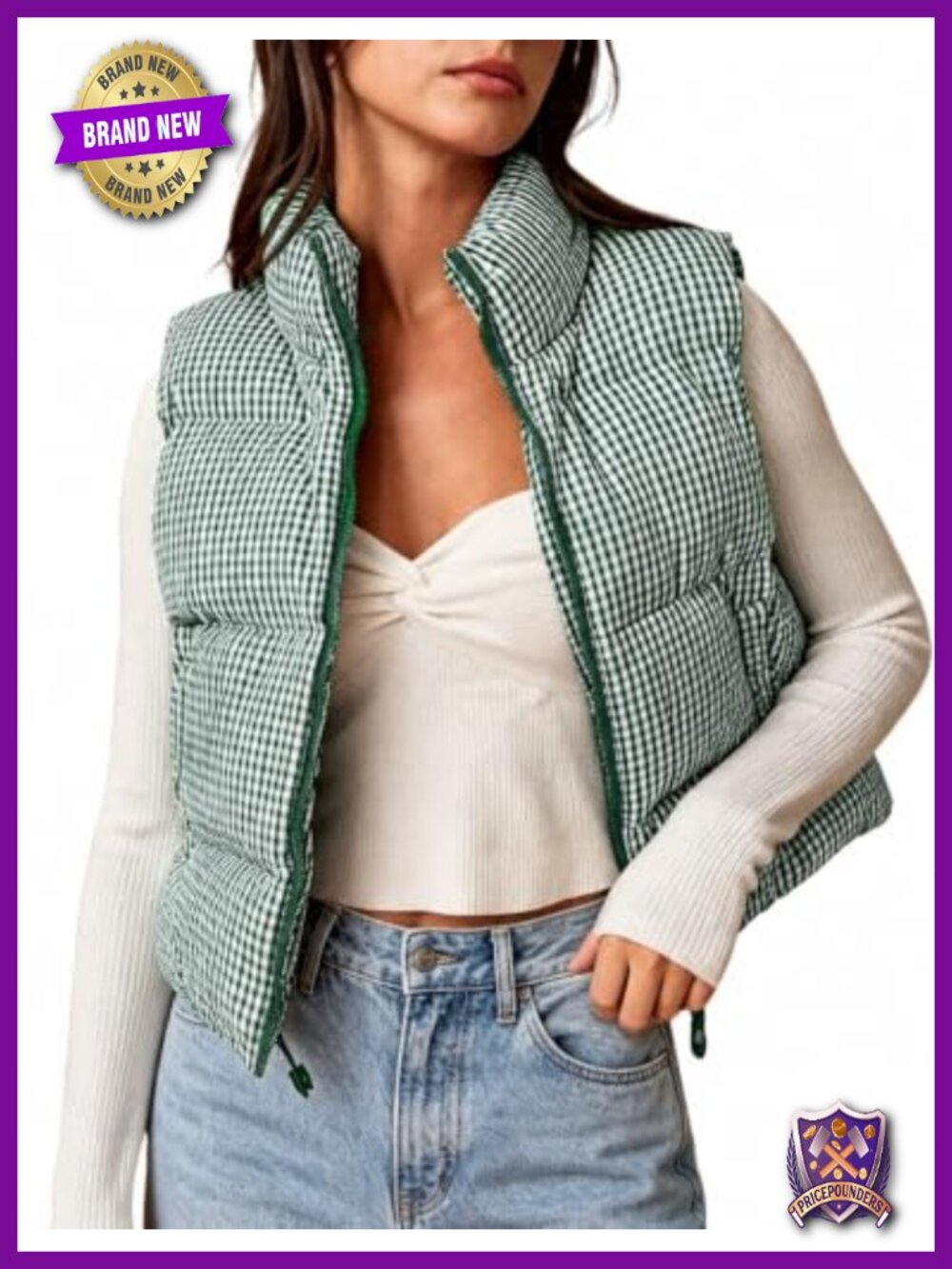 Women's Cropped Puffer Vest Gingham Sleeveless Padded Gilet